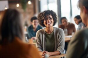 young woman smiling as she participates in a group therapy program for addiction treatment