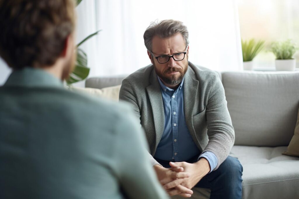 concerned middle-aged man asking addiction specialist what is dmt