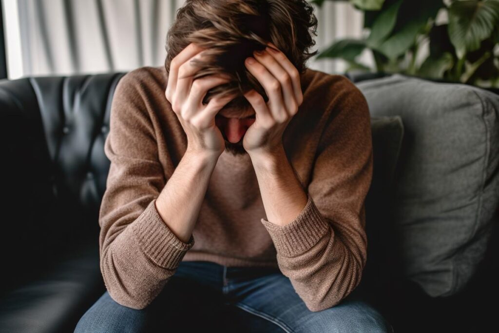 young, distraught man with head in his hands silently wondering what is tranq