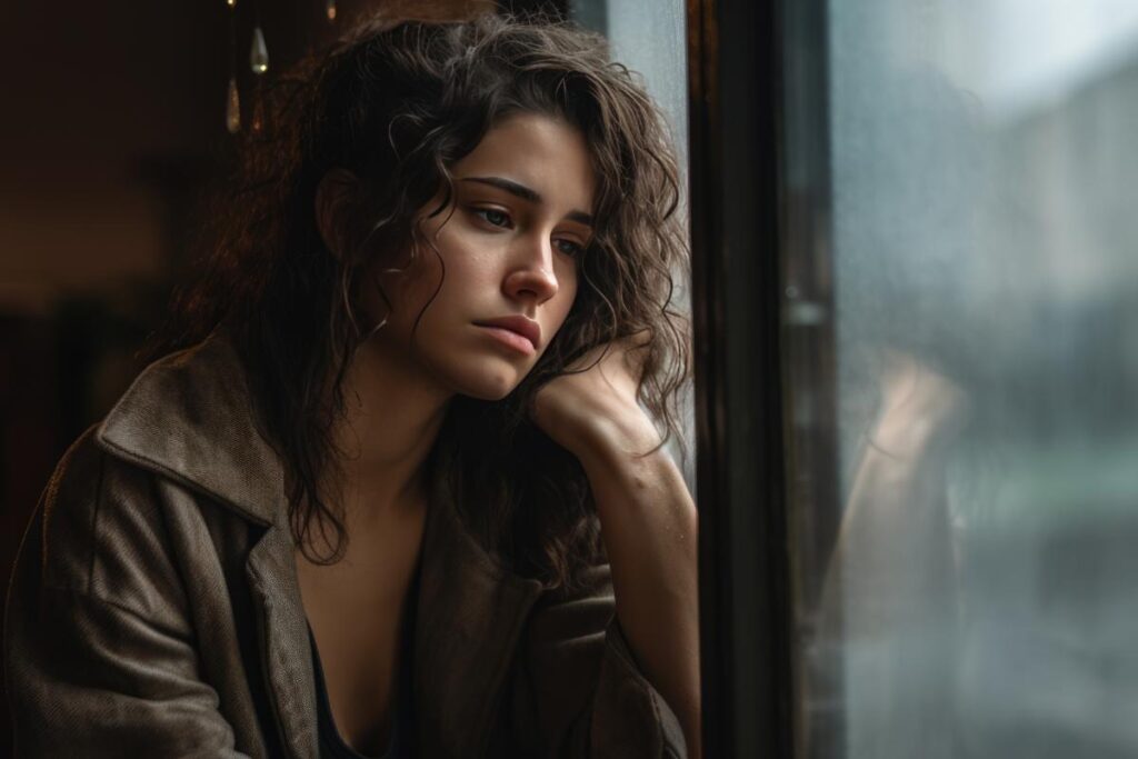young woman staring out widow on rainy afternoon struggling with the symptoms of seasonal depression
