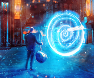 Man stands in front of time machine as he considers the fourth dimension and mental health